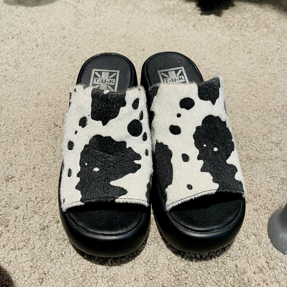 Tuk Black And White Cow Print Platform Mules